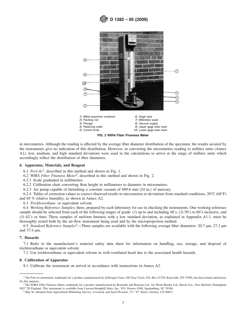 REDLINE ASTM D1282-05(2009) - Standard Test Method for Resistance to Airflow as an Indication of Average Fiber Diameter of Wool Top, Card Sliver, and Scoured Wool (Withdrawn 2018)