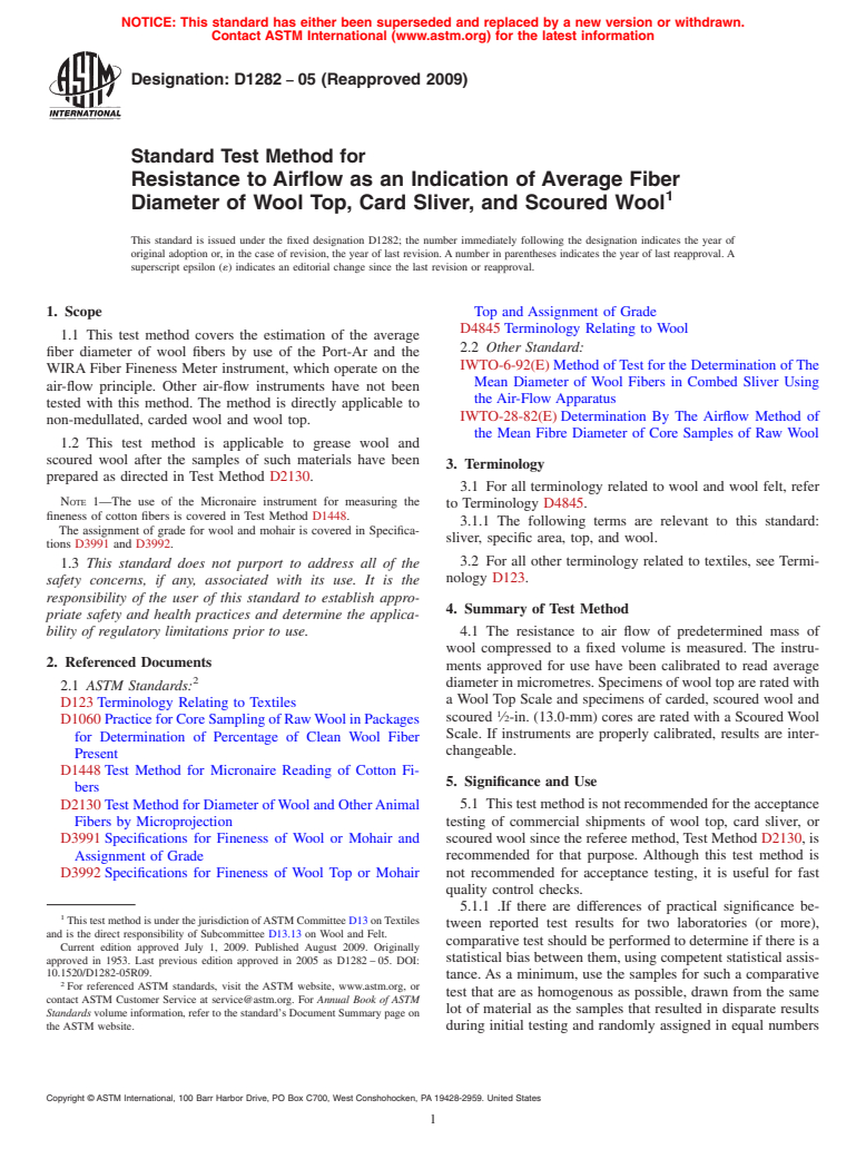 ASTM D1282-05(2009) - Standard Test Method for Resistance to Airflow as an Indication of Average Fiber Diameter of Wool Top, Card Sliver, and Scoured Wool (Withdrawn 2018)