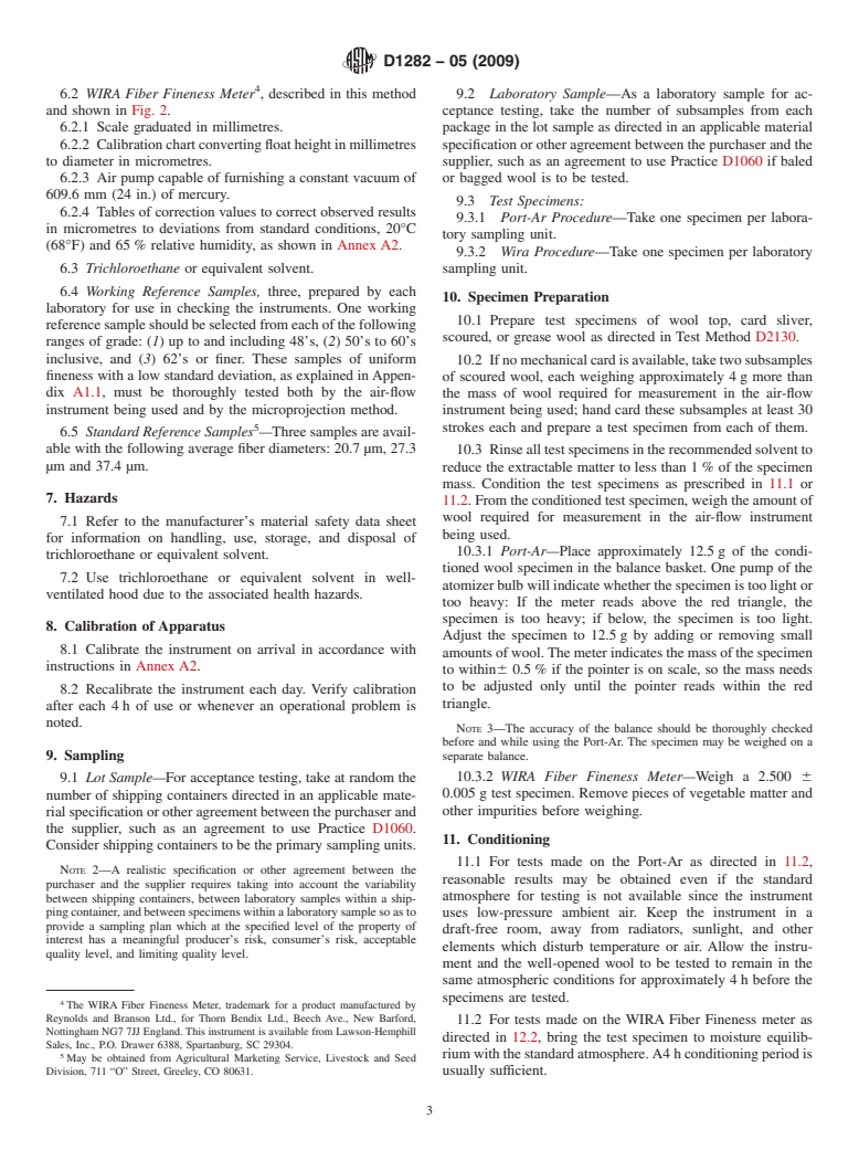 ASTM D1282-05(2009) - Standard Test Method for Resistance to Airflow as an Indication of Average Fiber Diameter of Wool Top, Card Sliver, and Scoured Wool (Withdrawn 2018)