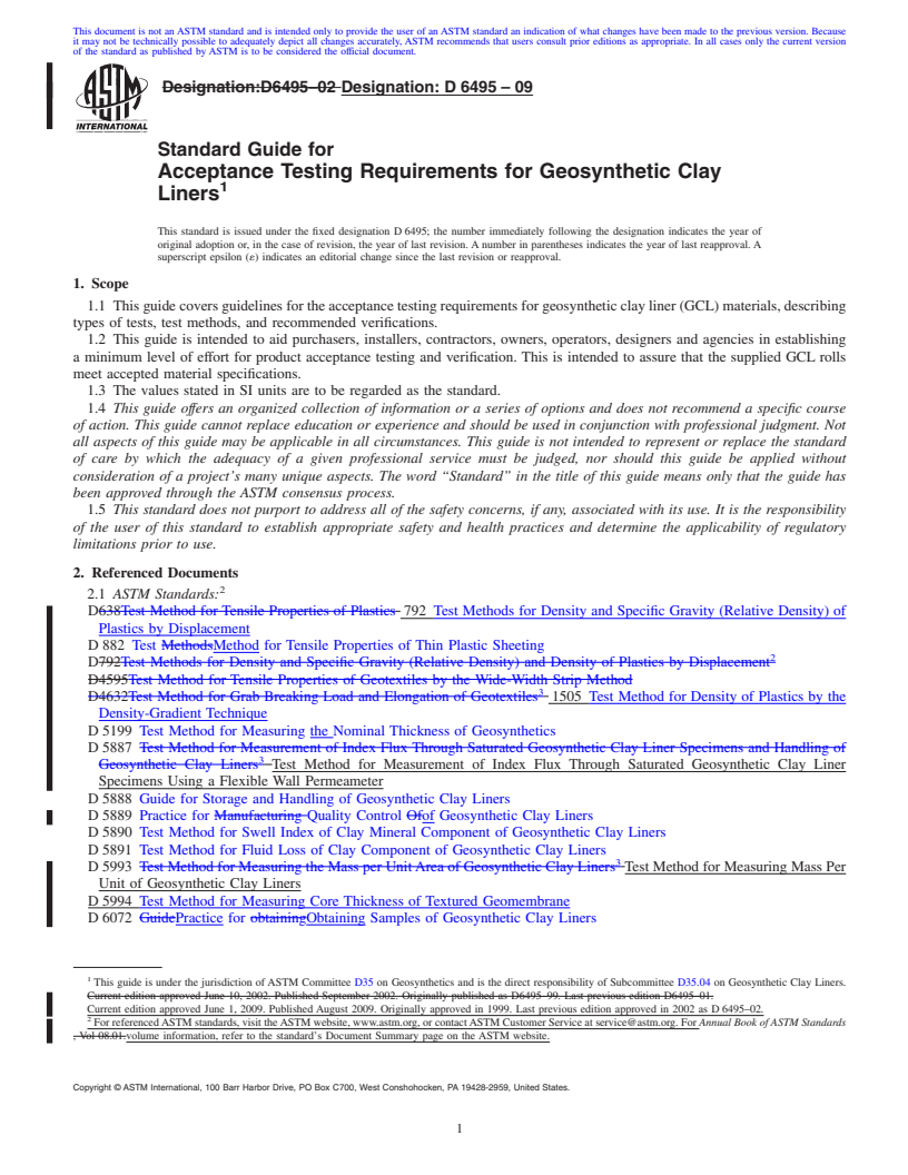 REDLINE ASTM D6495-09 - Standard Guide for Acceptance Testing Requirements for Geosynthetic Clay Liners