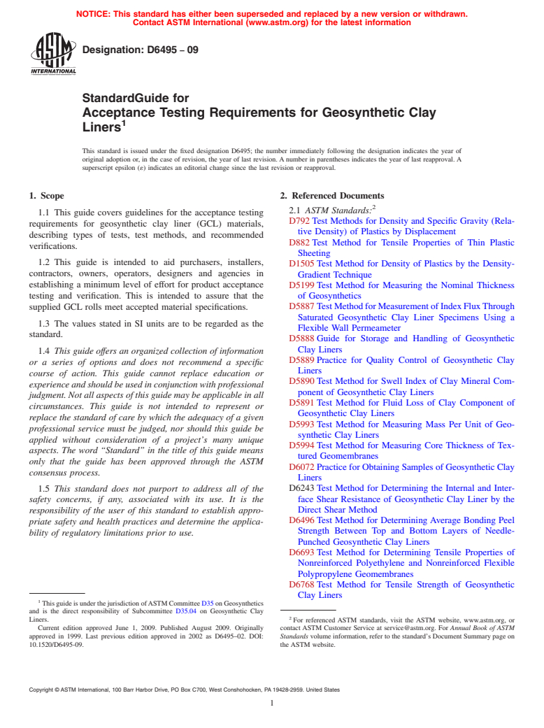 ASTM D6495-09 - Standard Guide for Acceptance Testing Requirements for Geosynthetic Clay Liners