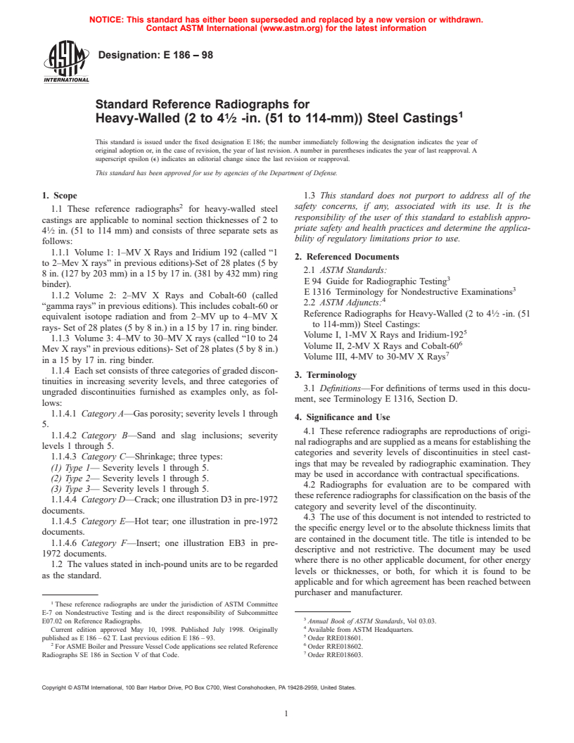 ASTM E186-98 - Standard Reference Radiographs for Heavy-Walled (2 to 4 1/2-in. (51 to 114-mm)) Steel Castings