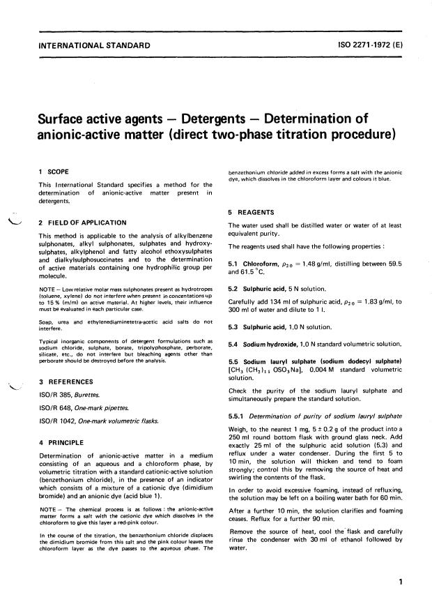 ISO 2271:1972 - Surface active agents -- Detergents -- Determination of anionic-active matter (Direct two-phase titration procedure)