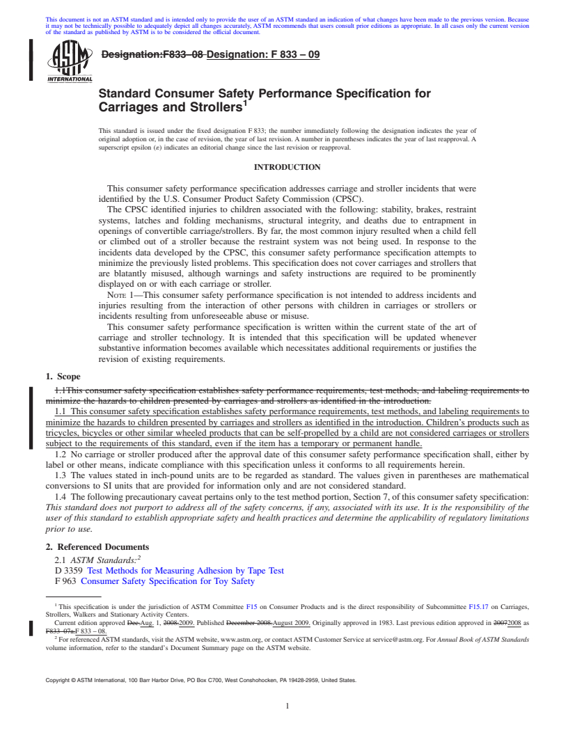 REDLINE ASTM F833-09 - Standard Consumer Safety Performance Specification for Carriages and Strollers