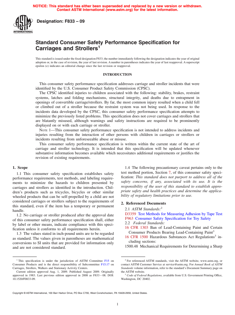 ASTM F833-09 - Standard Consumer Safety Performance Specification for Carriages and Strollers