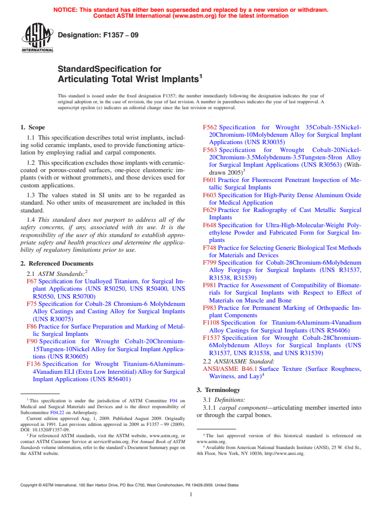 ASTM F1357-09 - Standard Specification for Articulating Total Wrist Implants