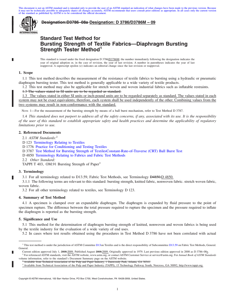 REDLINE ASTM D3786/D3786M-09 - Standard Test Method for   Bursting Strength of Textile Fabrics<span class='unicode'>&#x2014;</span>Diaphragm Bursting Strength Tester Method