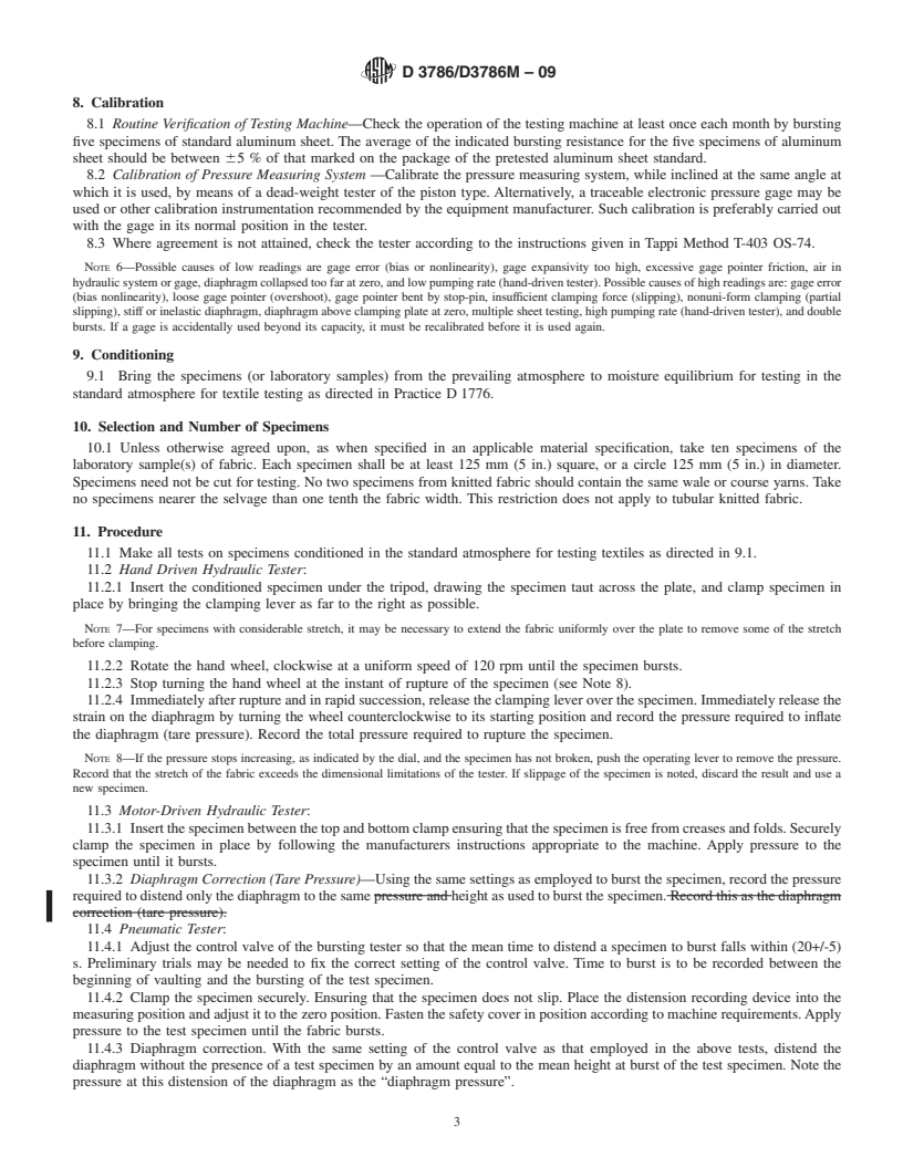 REDLINE ASTM D3786/D3786M-09 - Standard Test Method for   Bursting Strength of Textile Fabrics<span class='unicode'>&#x2014;</span>Diaphragm Bursting Strength Tester Method