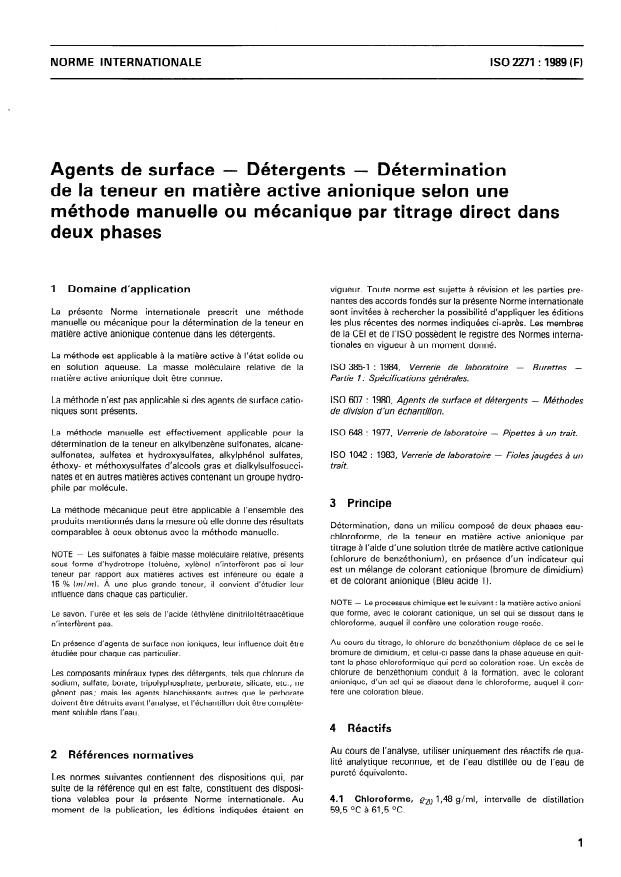 ISO 2271:1989 - Agents de surface -- Détergents -- Détermination de la teneur en matiere active anionique selon une méthode manuelle ou mécanique par titrage direct dans deux phases
