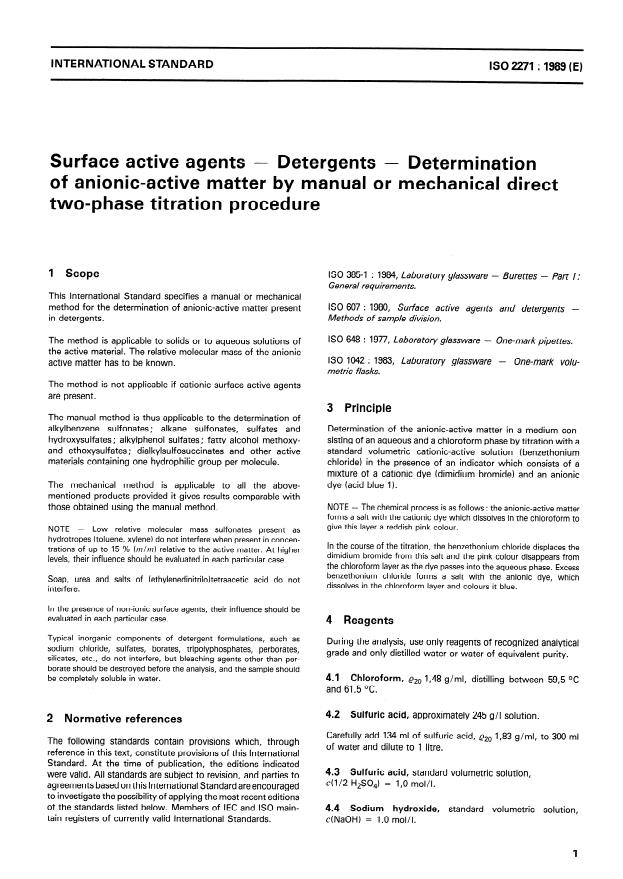 ISO 2271:1989 - Surface active agents -- Detergents -- Determination of anionic-active matter by manual or mechanical direct two-phase titration procedure