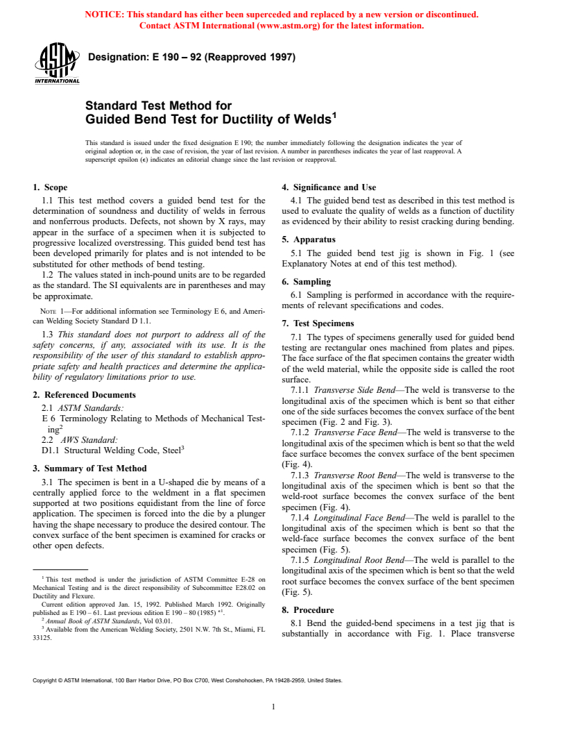 ASTM E190-92(1997) - Standard Test Method for Guided Bend Test for Ductility of Welds