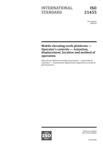 ISO 21455:2020 - Mobile elevating work platforms -- Operator's controls -- Actuation, displacement, location and method of operation