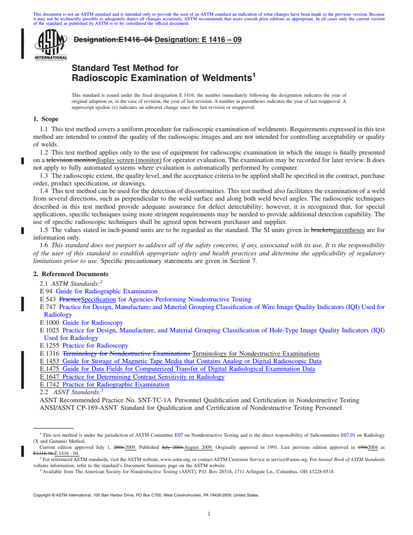 REDLINE ASTM E1416-09 - Standard Test Method for Radioscopic Examination of Weldments