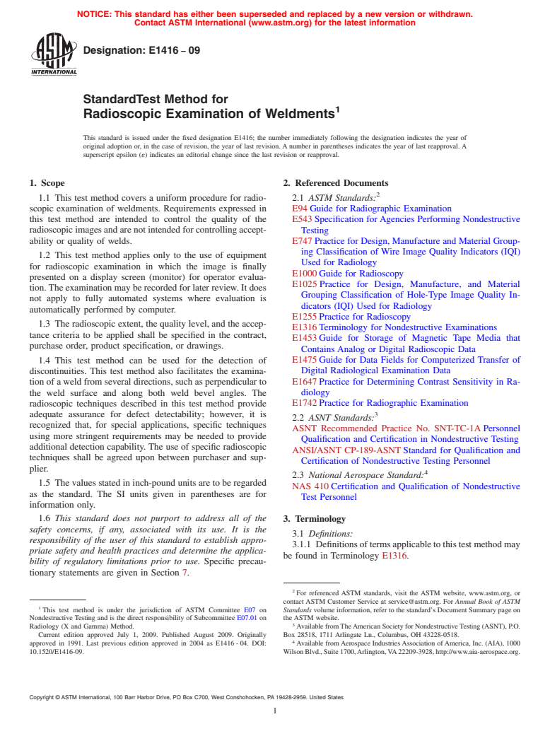 ASTM E1416-09 - Standard Test Method for Radioscopic Examination of Weldments