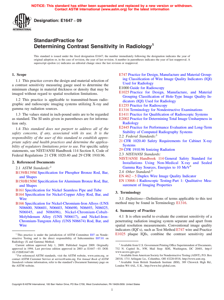 ASTM E1647-09 - Standard Practice for Determining Contrast Sensitivity in Radioscopy