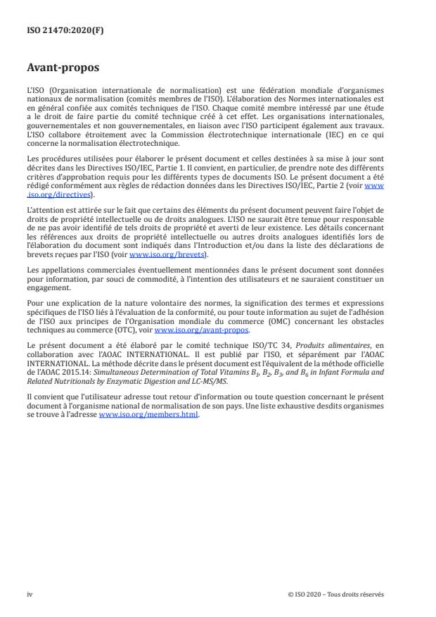 ISO 21470:2020 ISO 21470:2020 - Préparations pour nourrissons et produits nutritionnels pour adultes -- Détermination simultanée de la teneur en vitamines B1, B2, B3 et B6 -- Digestion enzymatique et CL-SM/SM - Page 4 preview