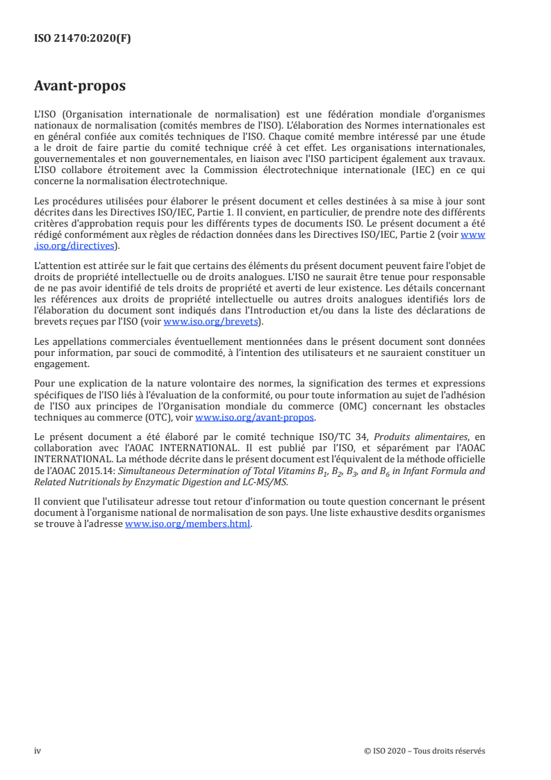 ISO 21470:2020 ISO 21470:2020 - Préparations pour nourrissons et produits nutritionnels pour adultes — Détermination simultanée de la teneur en vitamines B1, B2, B3 et B6 — Digestion enzymatique et CL-SM/SM
Released:12/4/2020 - Page 4 preview