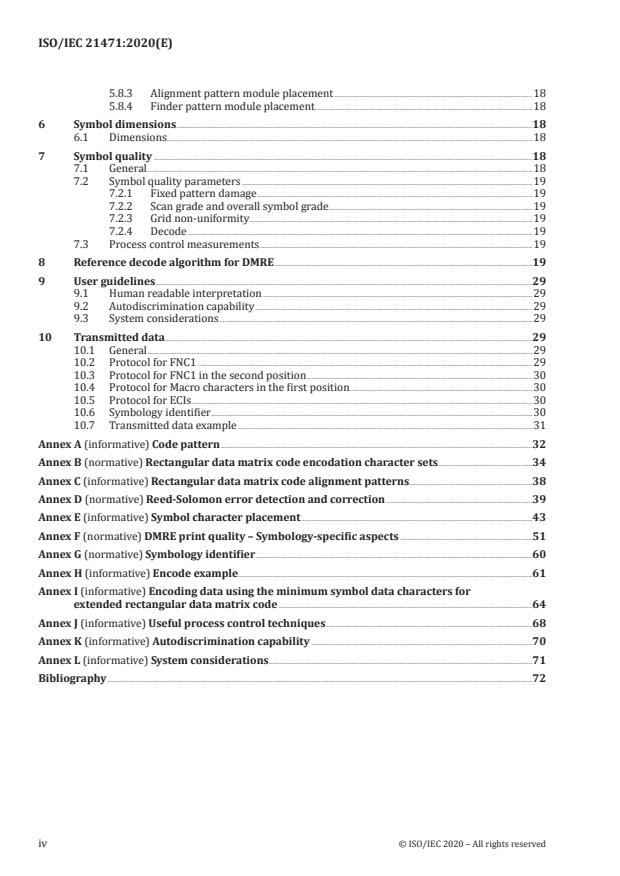 ISO/IEC 21471:2020 ISO/IEC 21471:2020 - Information technology -- Automatic identification and data capture techniques -- Extended rectangular data matrix (DMRE) bar code symbology specification - Page 4 preview