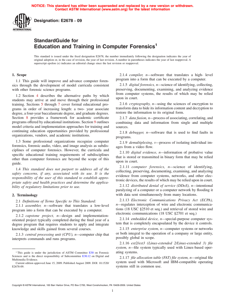 ASTM E2678-09 - Standard Guide for Education and Training in Computer Forensics