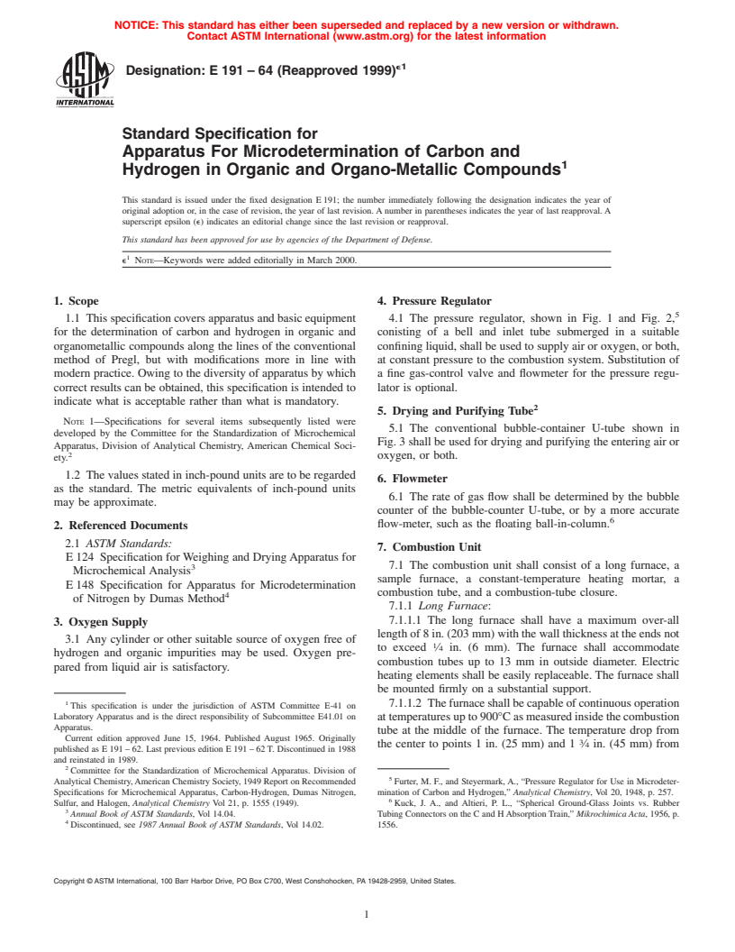 ASTM E191-64(1999)e1 - Standard Specification for Apparatus For Microdetermination of Carbon and Hydrogen in Organic and Organo-Metallic Compounds