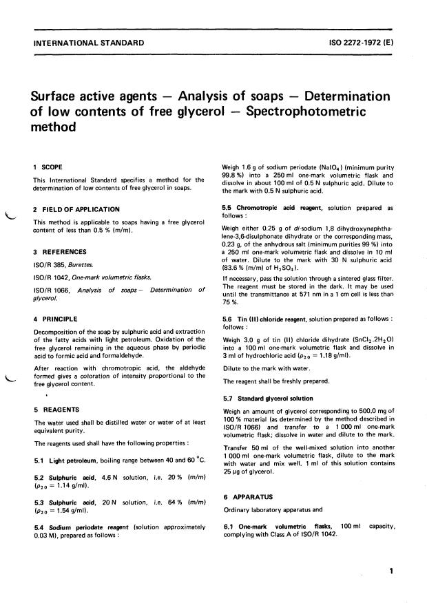 ISO 2272:1972 - Surface active agents -- Analysis of soaps -- Determination of low contents of free glycerol spectrophotometric method