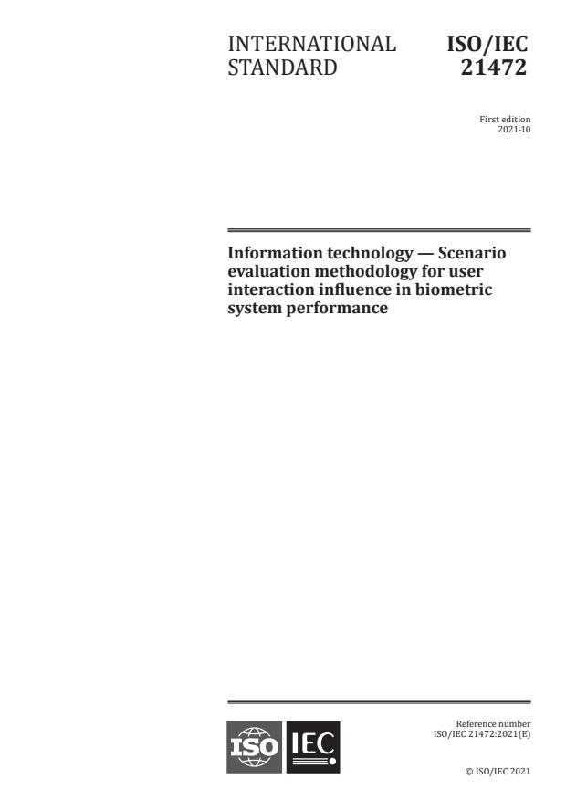 ISO/IEC 21472:2021 - Information technology -- Scenario evaluation methodology for user interaction influence in biometric system performance