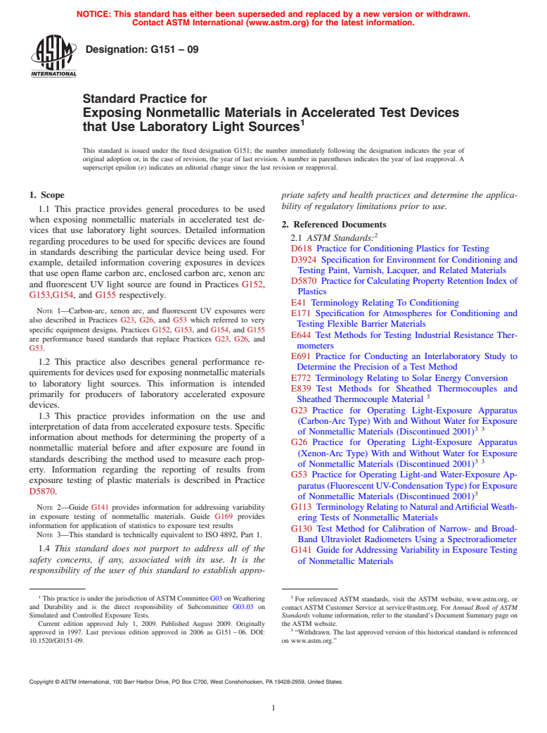 ASTM G151-09 - Standard Practice for Exposing Nonmetallic Materials in Accelerated Test Devices that Use Laboratory Light Sources