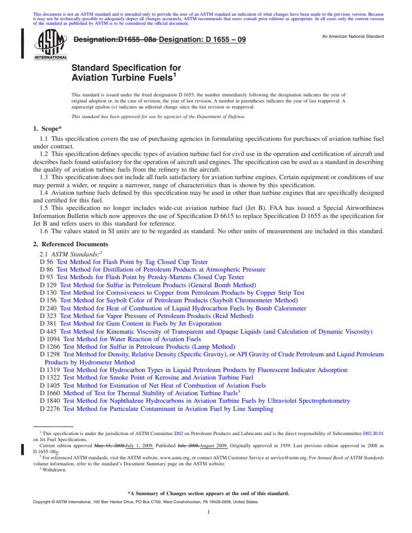 REDLINE ASTM D1655-09 - Standard Specification for Aviation Turbine Fuels