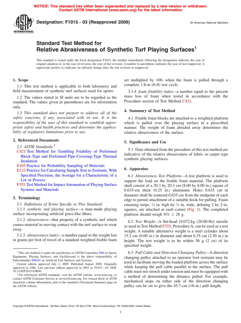 ASTM F1015-03(2009) - Standard Test Method for Relative Abrasiveness of Synthetic Turf Playing Surfaces