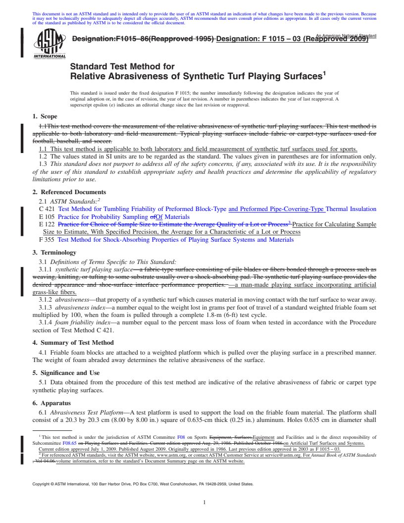 REDLINE ASTM F1015-03(2009) - Standard Test Method for Relative Abrasiveness of Synthetic Turf Playing Surfaces