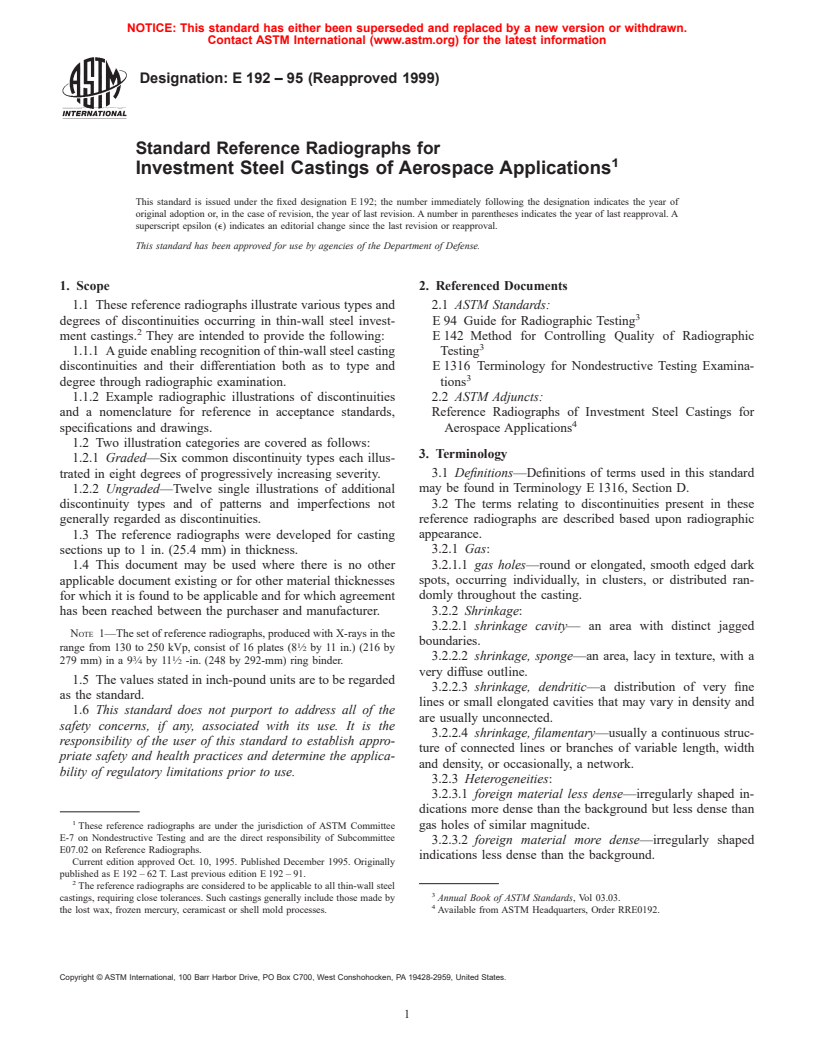 ASTM E192-95(1999) - Standard Reference Radiographs for Investment Steel Castings of Aerospace Applications