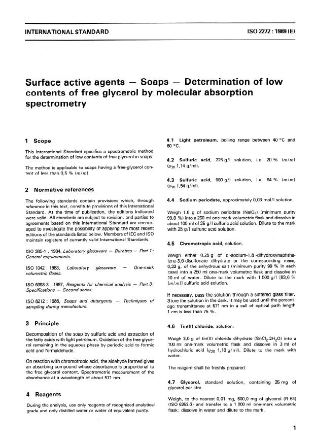 ISO 2272:1989 - Surface active agents -- Soaps -- Determination of low contents of free glycerol by molecular absorption spectrometry