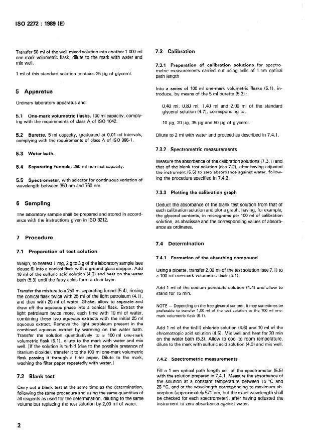 ISO 2272:1989 ISO 2272:1989 - Surface active agents -- Soaps -- Determination of low contents of free glycerol by molecular absorption spectrometry - Page 4 preview
