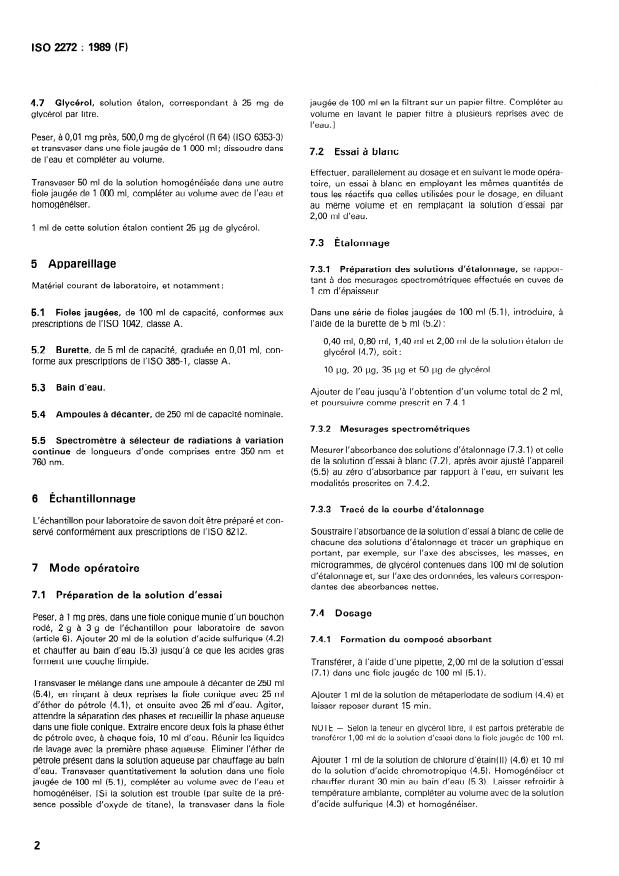 ISO 2272:1989 ISO 2272:1989 - Agents de surface -- Savons -- Dosage du glycérol libre en faibles teneurs par spectrométrie d'absorption moléculaire - Page 4 preview