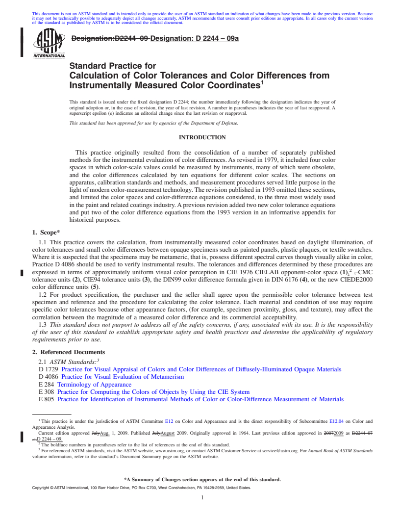 REDLINE ASTM D2244-09a - Standard Practice for Calculation of Color Tolerances and Color Differences from Instrumentally Measured Color Coordinates