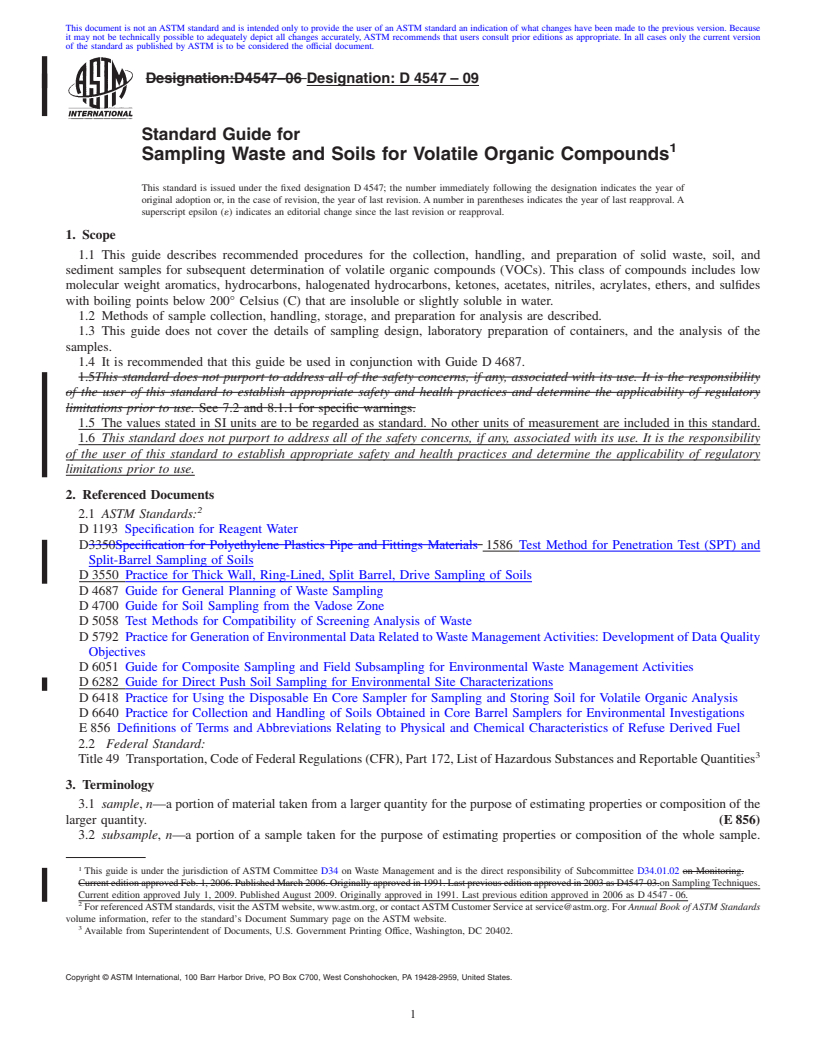 REDLINE ASTM D4547-09 - Standard Guide for Sampling Waste and Soils for Volatile Organic Compounds