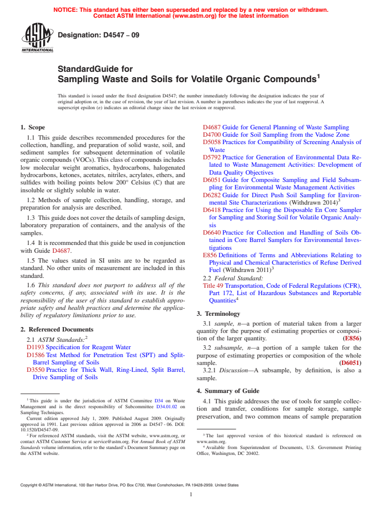 ASTM D4547-09 - Standard Guide for Sampling Waste and Soils for Volatile Organic Compounds