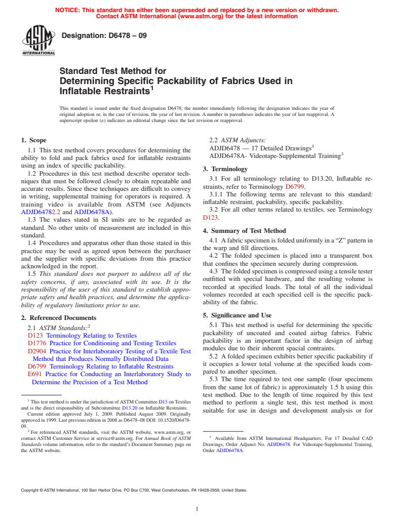 ASTM D6478-09 - Standard Test Method for Determining Specific Packability of Fabrics Used in Inflatable Restraints