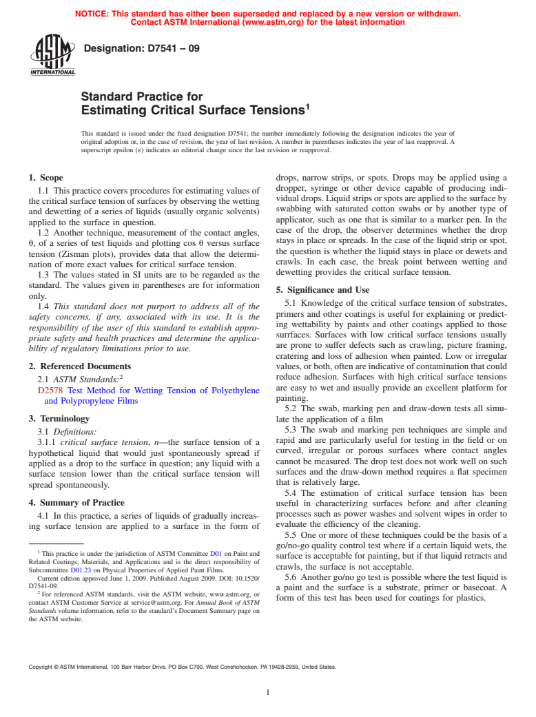 ASTM D7541-09 - Standard Practice for Estimating Critical Surface Tensions