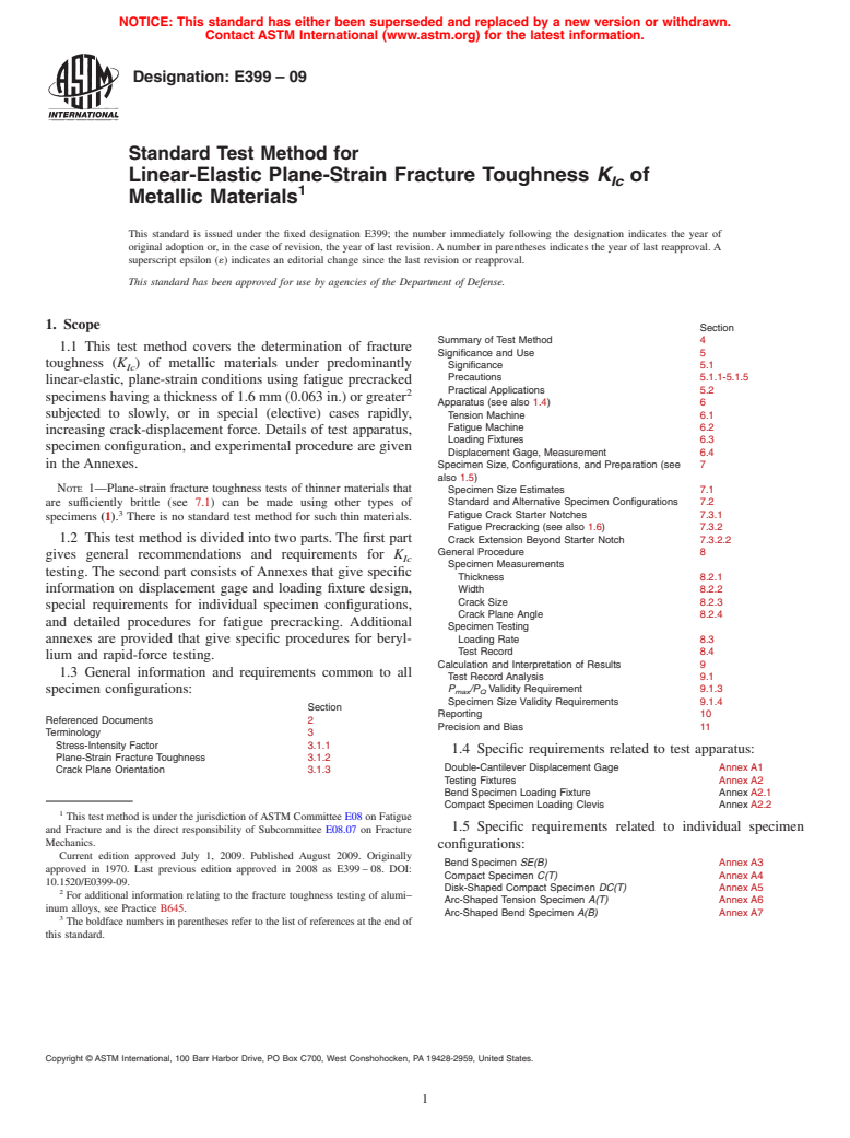 ASTM E399-09 - Standard Test Method for Linear-Elastic Plane-Strain Fracture Toughness <bdit>K<inf> Ic</inf></bdit> of Metallic Materials