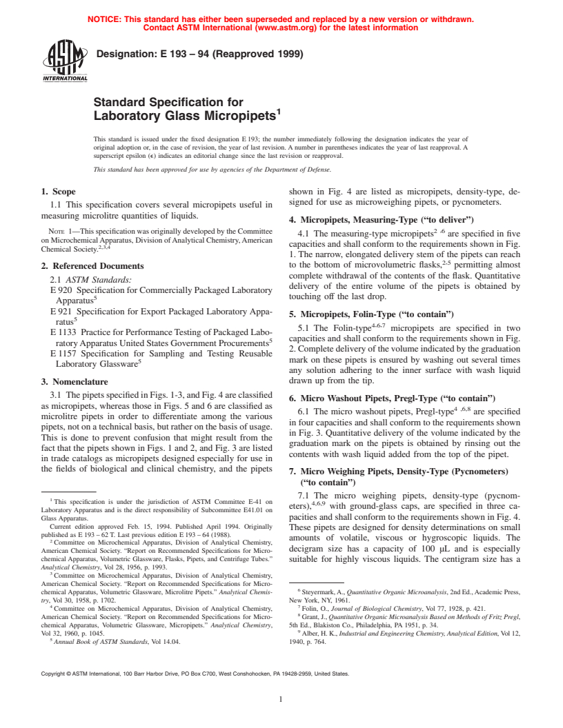 ASTM E193-94(1999) - Standard Specification for Laboratory Glass Micropipets