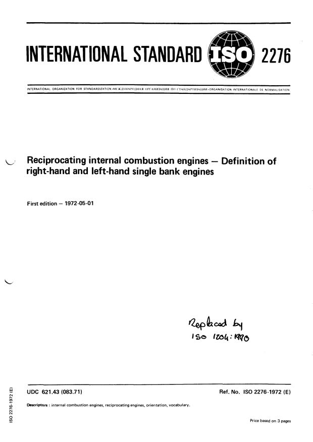 ISO 2276:1972 - Reciprocating internal combustion engines -- Definition of right-hand and left-hand single bank engines