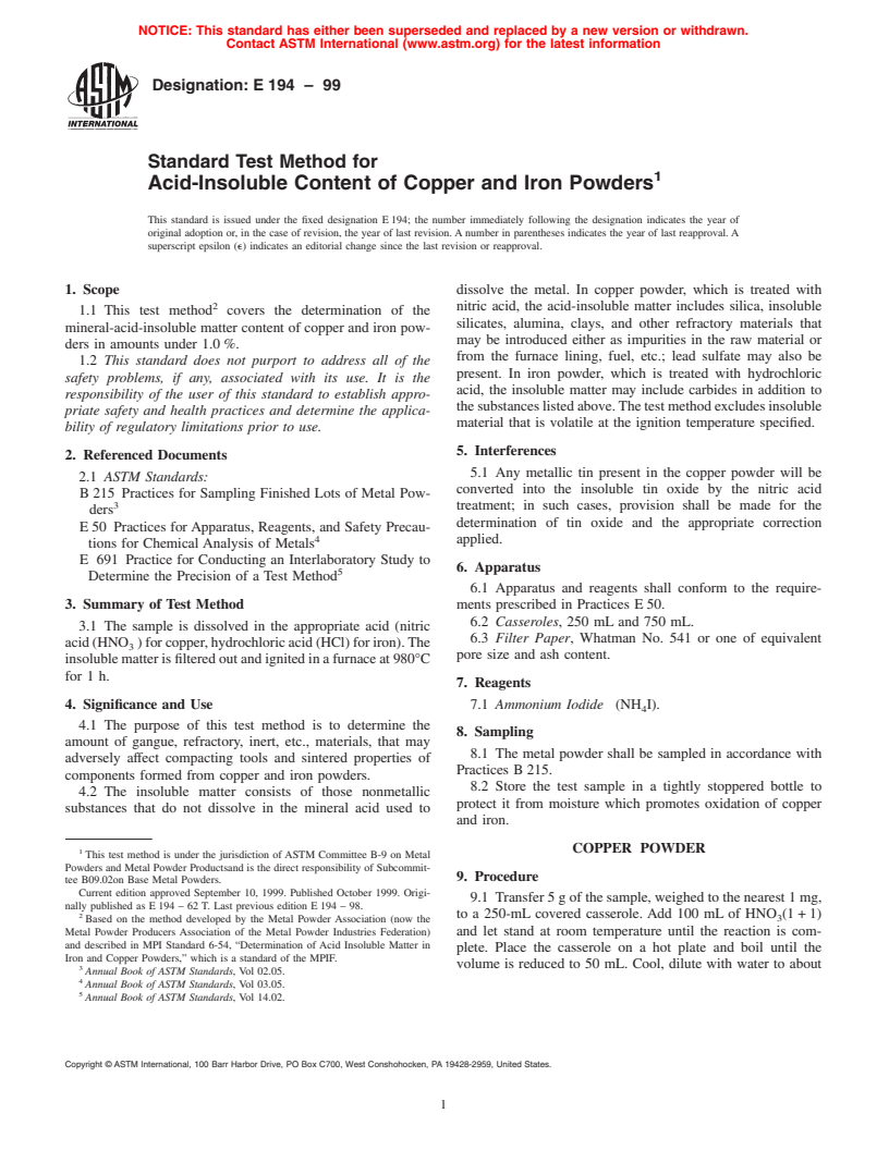 ASTM E194-99 - Standard Test Method for Acid-Insoluble Content of Copper and Iron Powders