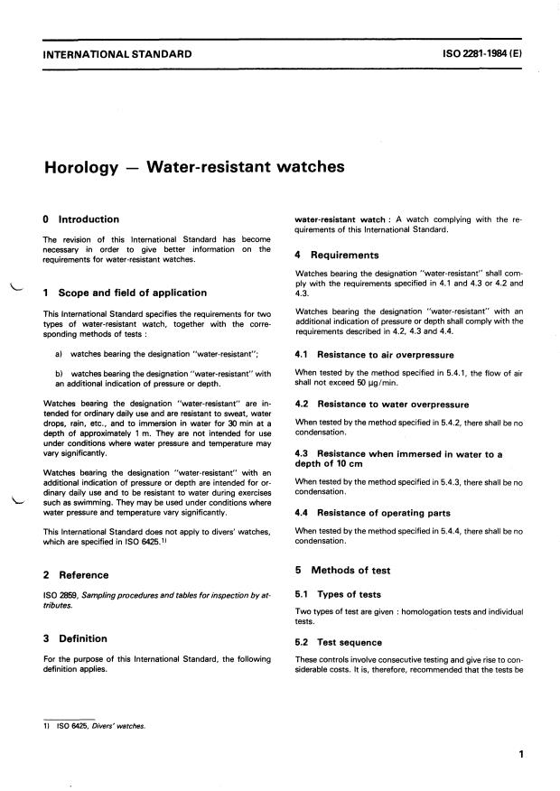 ISO 2281:1984 - Horology -- Water-resistant watches