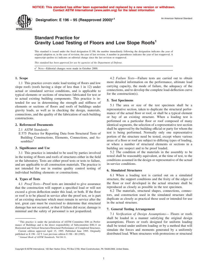 ASTM E196-95(2000)e1 - Standard Practice for Gravity Load Testing of Floors and Low Slope Roofs