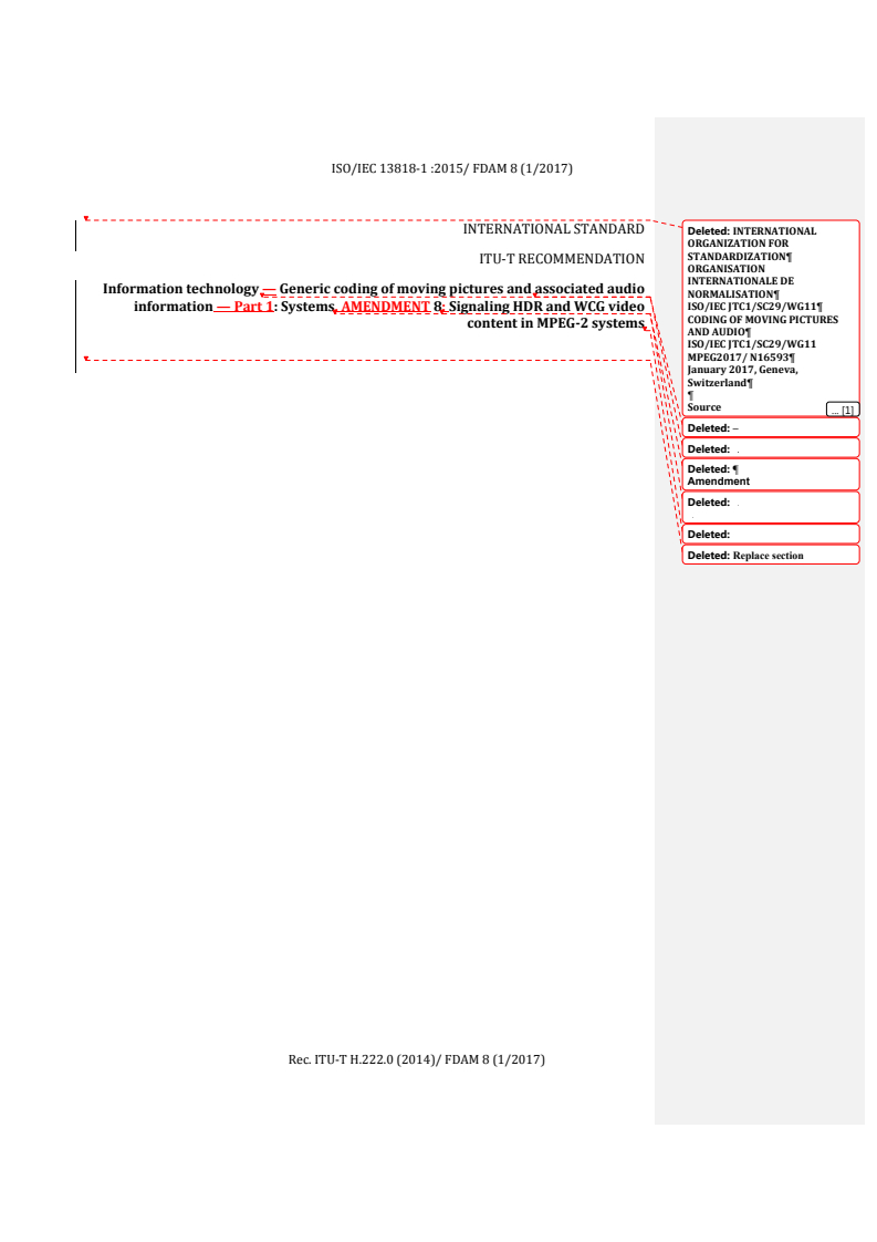 REDLINE ISO/IEC 13818-1:2015/FDAmd 8 - Information technology — Generic coding of moving pictures and associated audio information — Part 1: Systems — Amendment 8: Signaling HDR and WCG video content in MPEG-2 systems
Released:3/29/2017
