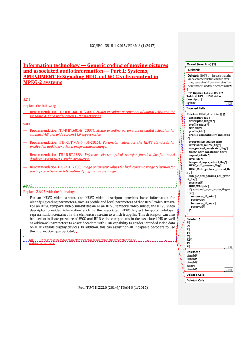 REDLINE ISO/IEC 13818-1:2015/FDAmd 8 - Information technology — Generic coding of moving pictures and associated audio information — Part 1: Systems — Amendment 8: Signaling HDR and WCG video content in MPEG-2 systems
Released:3/29/2017