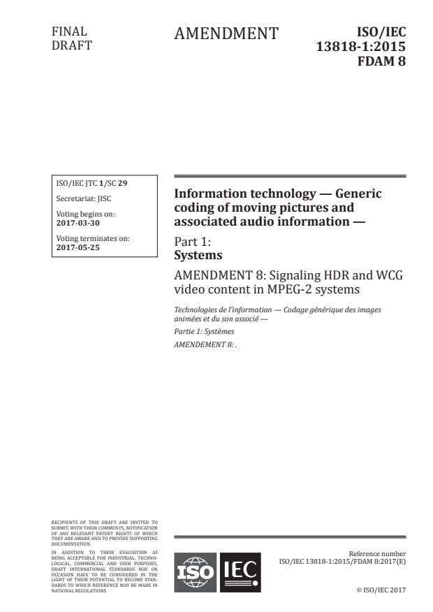 ISO/IEC 13818-1:2015/FDAmd 8 - Signaling HDR and WCG video content in MPEG-2 systems