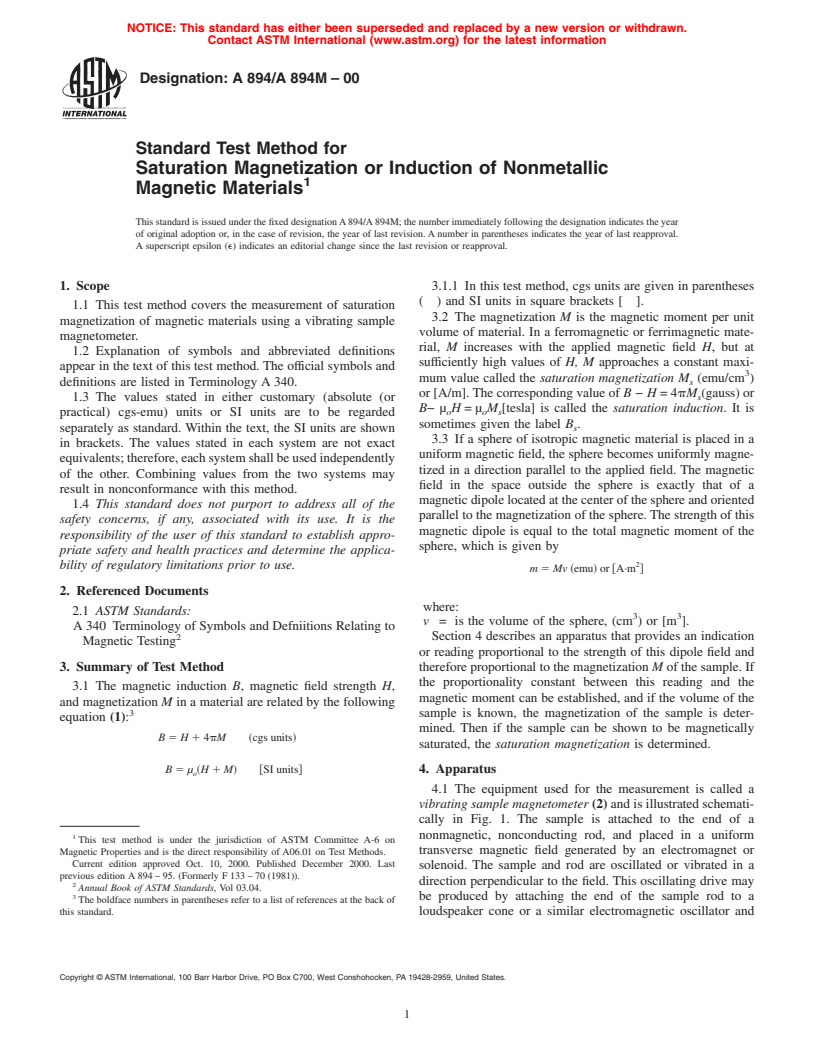 ASTM A894/A894M-00 - Standard Test Method for Saturation Magnetization or Induction of Nonmetallic Magnetic Materials