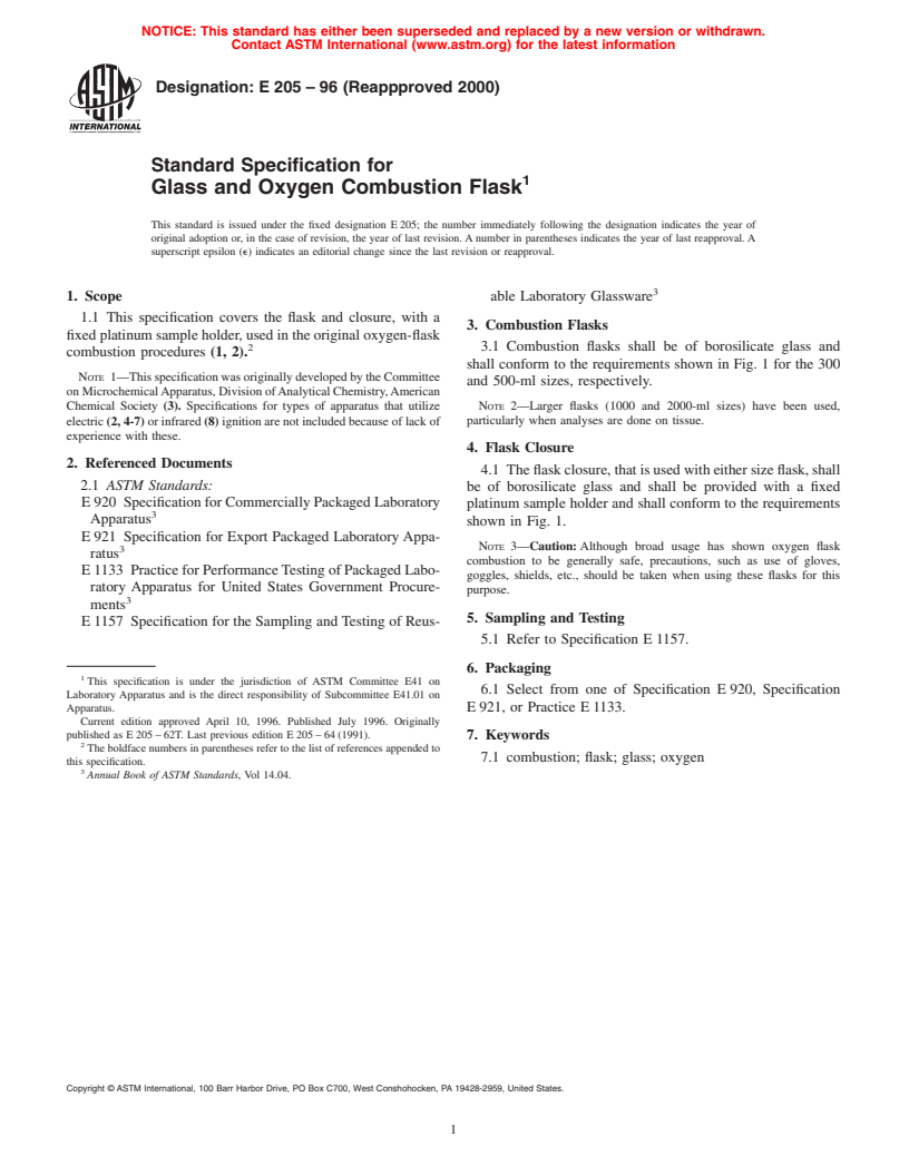 ASTM E205-96(2000) - Standard Specification for Glass and Oxygen Combustion Flask